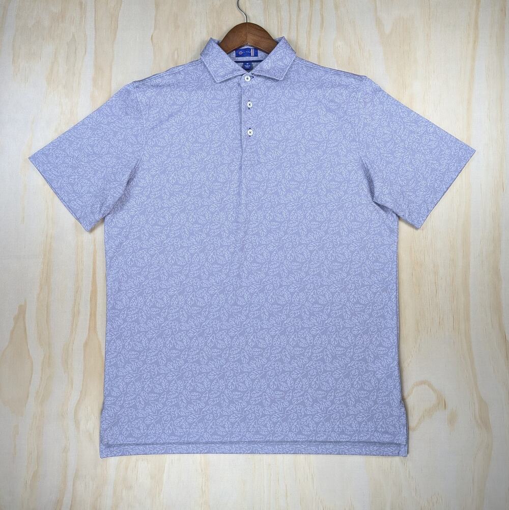 Stitch Men's Medium Golf Polo Shirt Light Blue Leaf Print Stretch Short Sleeve